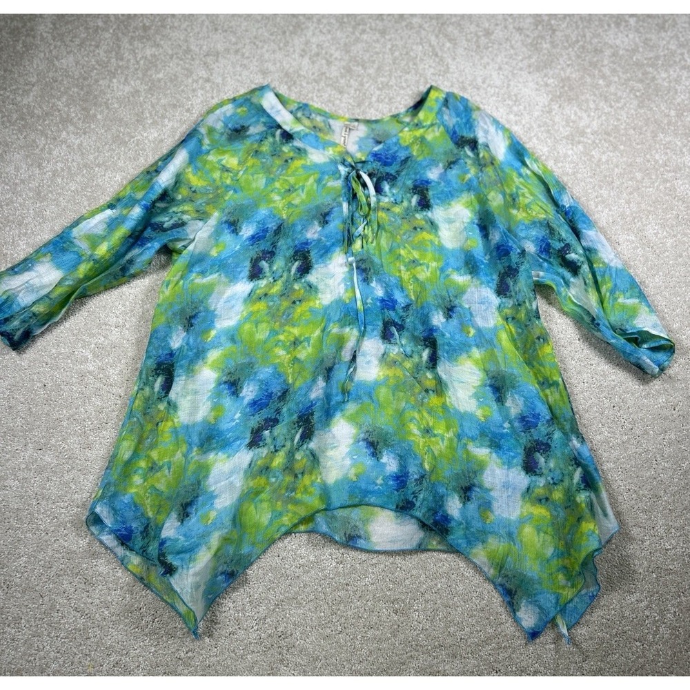 Grand & Green Womens L Sheer Tunic Multicolor Fair Whimsy Assymetrical Hem Boho